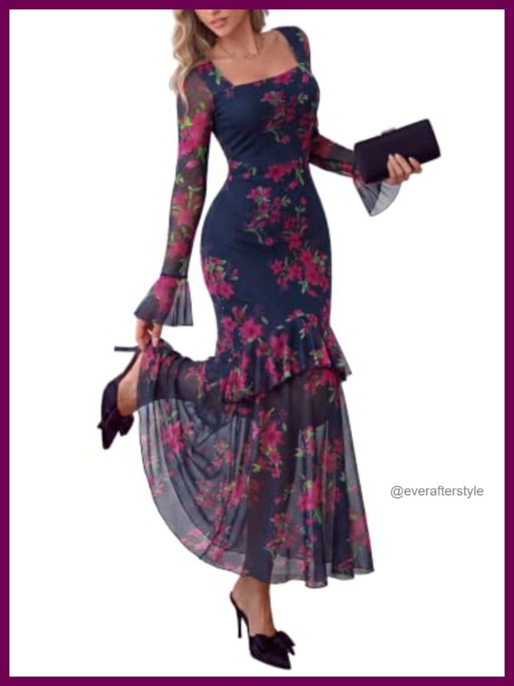 Womens Floral Mesh Long Sleeve Maxi Dress Square Neck Bell Sleeve Formal